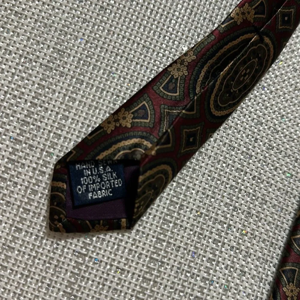 LAND’S END Stunning Burgundy Green Tan Medallion Print Silk Tie